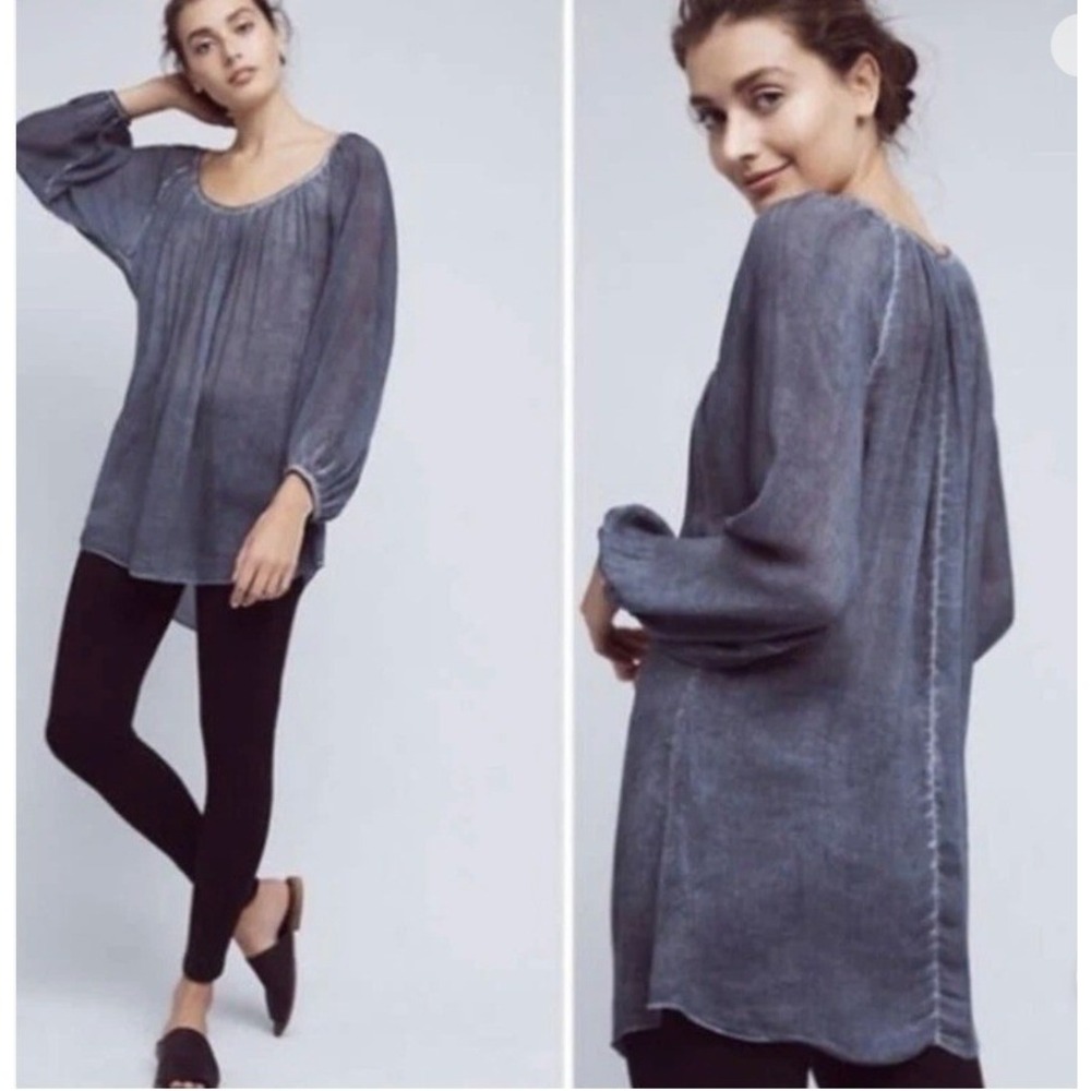 Anthropologie Saturday Sunday Peasant Top XS Blue Fara Long Sleeve Scoop Neck